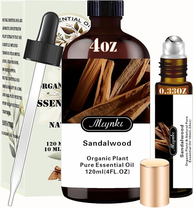 Sandalwood Essential Oil - 4 Fl Oz & Sandalwood Oil Roll On 10ML Essential Oil Set for Aroma Diffuser Home Fragrance Bath SPA Yoga DIY Candle Making Perfume Gift for Women