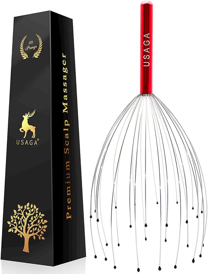 USAGA 28 Fingers Head Scratcher, Head Massager, Scalp Massager for Scalp Body Relaxing (Red)