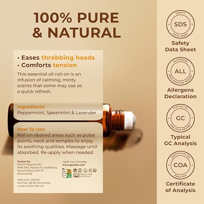 Gya Labs Migraine Essential Oil Roll on - Migraine Relief Stick Roller, Soothing Comfort for Head Tension, 100% Pure Natural, Blend with Peppermint Oil, Self Care Relaxing Gifts for Women (0.34 Fl Oz)