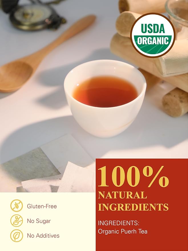 GLDNT Organic Pu-erh Tea Bags, Fermented Yunnan Dark Tea, Bold & Mellow Flavor, Caffeinated, 100 Count