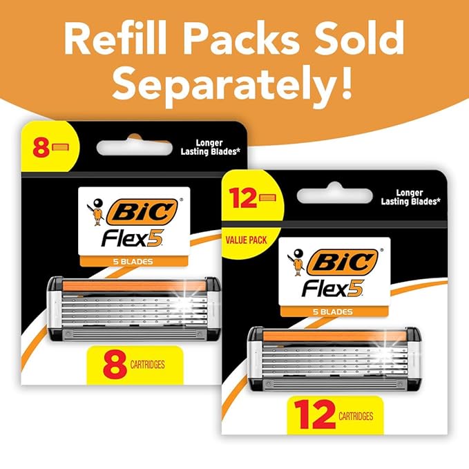 BIC Flex 5 Refillable Men's Razor, Ideal Head Shavers for Bald Men, 12 Refill Cartridges, 5 Blade Razors for a Close Shave