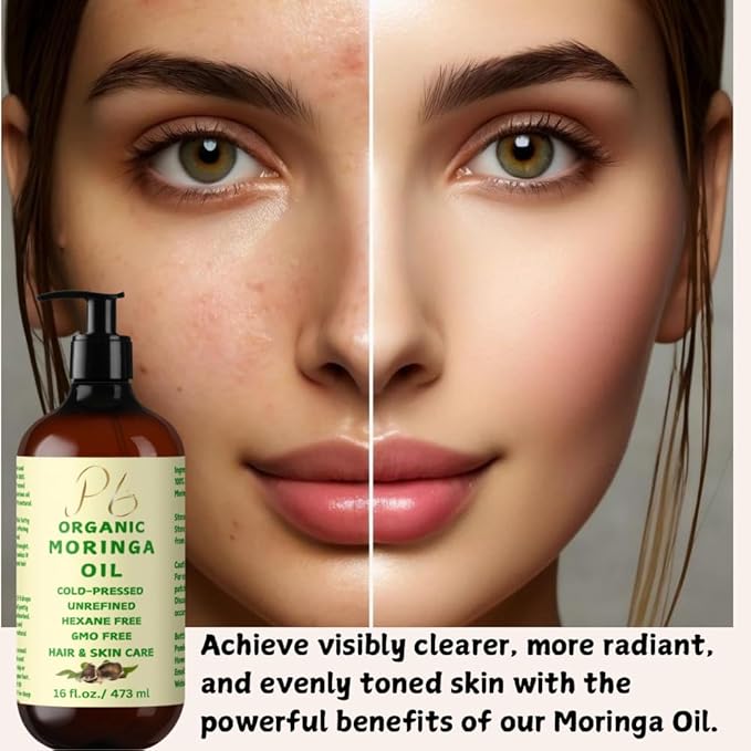 Organic Moringa Oil – 100% Pure & Cold-Pressed, Unrefined & Hydrating Oil for Face, Body & Hair – Nourishing Skin & Hair Moisturizer – 16 fl oz Glass Bottle with Pump