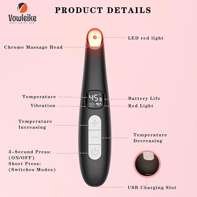 Eye Lift Wand, 3 in 1 Vibrating 98°F to 113°F LCD Eye Massager for Dry Eyes, Dark Circles and Puffiness, Face & Neck Lifting Tool for Fine Lines and Wrinkles, Black
