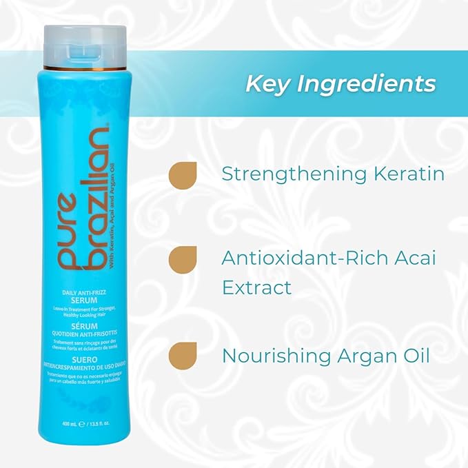 Pure Brazilian Daily Anti-Frizz Serum, 3 Fl Oz - Smoothing and Shine Enhancer for All Hair Types