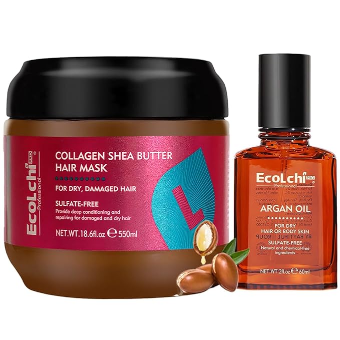 Collagen Hair Mask Shea Butter & Argan Oil Hair Serum Set - Deep Conditioning Hair Treatment Mask Organic Natural Essence for Dry Damaged Hair