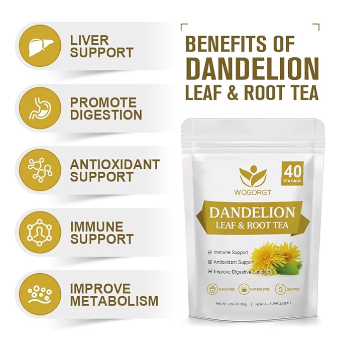 Dried Dandelion Leaf & Root Tea - Natural Dandelion Herbal Tea for Liver Support, Antioxidant, Digestion and Immune Support, Caffeine Free - 40 Tea Bags