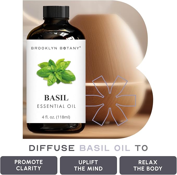 Brooklyn Botany Basil Essential Oil - Huge 4 Fl Oz - 100% Pure and Natural - Premium Grade with Dropper - for Aromatherapy and Diffuser