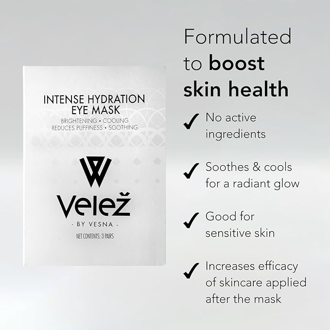 Velez Intense Hydration Under Eye Masks - Helps with Puffiness & Ultra Hydrating, Cooling Eye Mask Patches for a Brightening Effect (3 Pairs)
