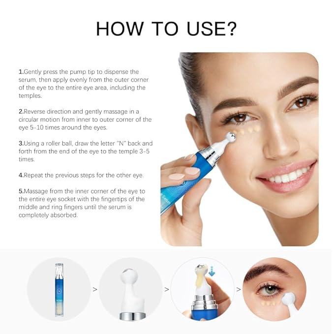 5% Caffeine Eye Serum, Anti-Aging Under Eye Roller Cream for Dark Circles Puffiness Wrinkles and Fine Lines, Korean Eye Care Cream with 360°Massage Ball, Eye Bags Treatment for Men and Women