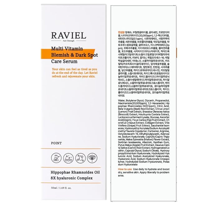 RAVIEL Multi Vitamin Dark Spot & Blemish Face Serum | 7 Hyaluronic Acid for Deep Hydration & Brightening for All Skin Types | Snail Mucin, Anti Aging, Korean Skincare (1.69 fl oz)