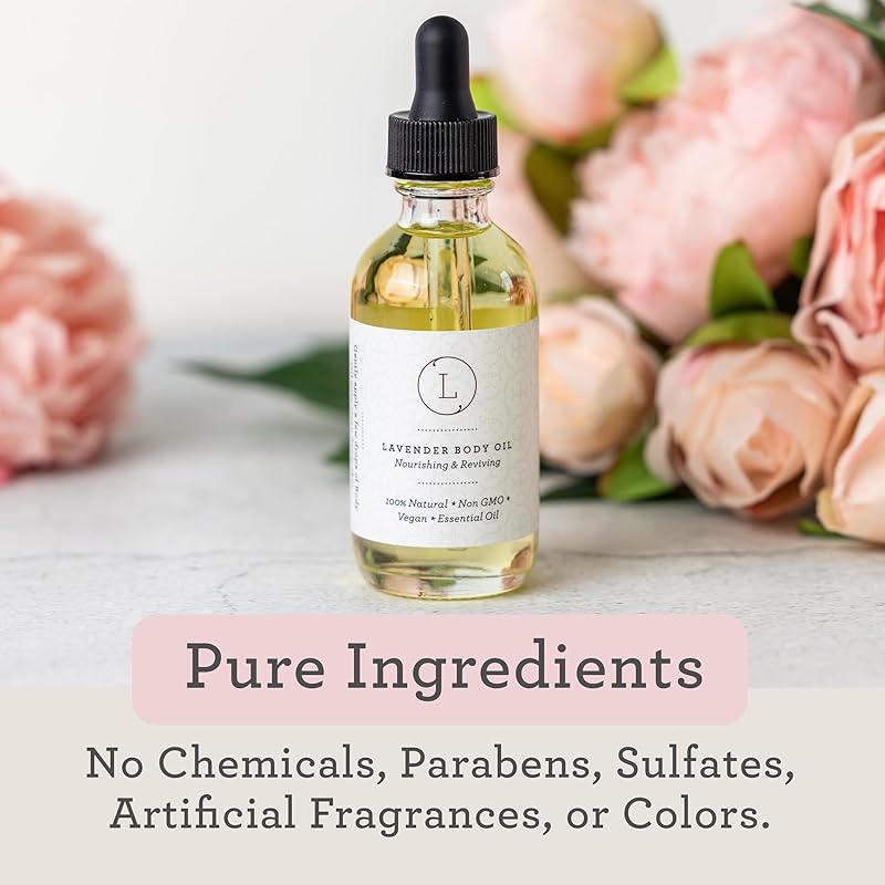 Lizush Lavender Body Oil - 2 oz Natural, Vegan, Non-GMO Moisturizing Bath Oil for Silky Skin with Premium Essential Oils - Handmade in the USA