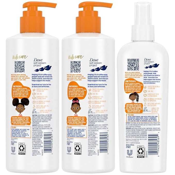 Dove Shampoo and Conditioner Set + Detangler Spray for Kids - Kids Hair Love Collection, Shampoo and Conditioner, Curly and Wavy Hair Products (3 Piece Set)