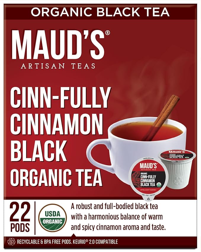 Maud's Cinnamon Organic Black Tea Pods, 22 ct, Recyclable Single Serve Tea Pods – 100% Gourmet Blended Tea Leaves, Compatible with Keurig K Cups Maker