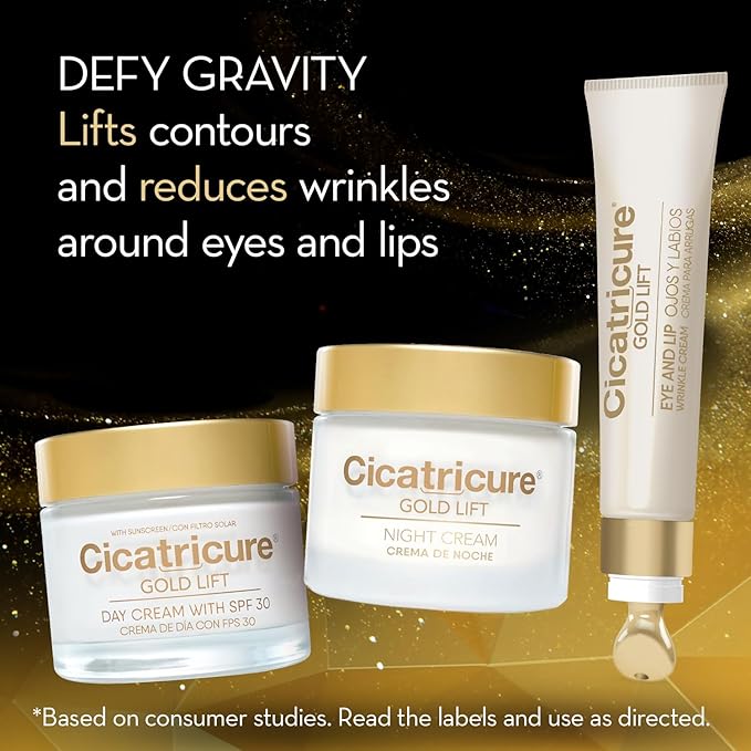 CICATRICURE Gold Lift Anti Gravitational Wrinkles Skin Care Gift Set with Day Anti-Wrinkle Cream + SPF 30 , Night Anti-Wrinkle Cream & Dual Contour Eye and Lip Wrinkle Cream, 3 Piece Set