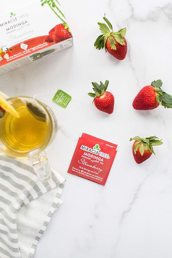 Miracle Tree - Organic Moringa Superfood Tea, 25 Individually Sealed Tea Bags, Strawberry (Keto, Detox, Energy & Immunity Booster, Vegan, Gluten-Free, Organic, Non-GMO, Caffeine-Free)