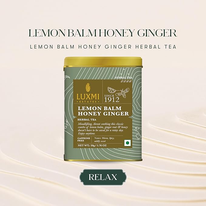 Luxmi Estates - Lemon Balm Honey Ginger - 50g (25 cups) | Organic Lemon Balm Tea with Honey and Ginger Root | Great for Soar Throat, Immunity and Stress Relief