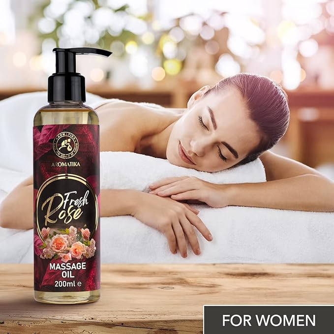 Massage Oil Rose 6.8 Fl Oz (200ml) - Body Oil with Rosewood - Jojoba - Almond - Grapeseed - Peach Kernel Oils & Rose Extract - Aromatherapy Massage Oil - Rose Oil - Good Sleep - Foot Care