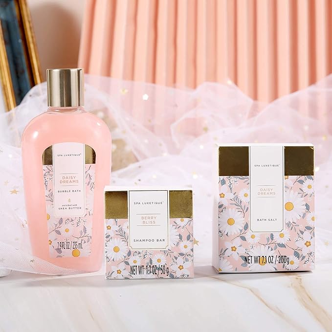 Spa Luxetique Gift Baskets for Women, Dasiy Dream Scented 15pcs Bath Gift Sets with Shower Gel, Hand Cream and Tote Bag, Mother's Day Gifts for Mom
