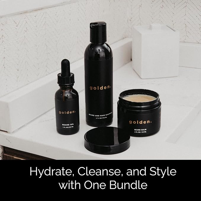 Golden Grooming Co. Everyday Beard Bundle – Complete Beard Care Set | Includes Beard Oil, Balm & Shampoo (Regular, Toasted Vanilla)