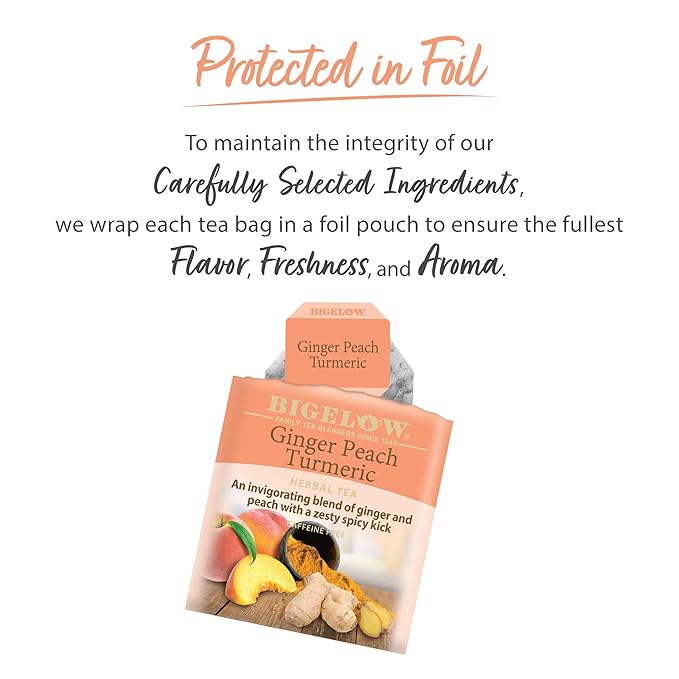 Bigelow Tea Ginger Peach Turmeric Herbal Tea, Caffeine Free Tea with Ginger and Peach, 18 Count Box (Pack of 6), 108 Total Tea Bags