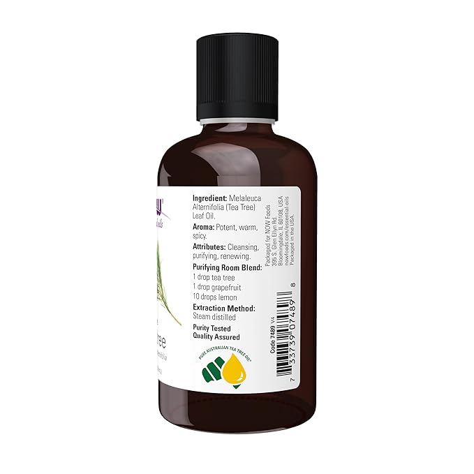 NOW Foods Essential Oils, Tea Tree Oil, Cleansing Aromatherapy Scent, Steam Distilled, 100% Pure, Vegan, Child Resistant Cap, 2-Ounce