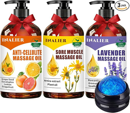 Mothers Day Gifts for Wife,Massage Oils for Massage Therapy,Fathers Day Gift,Spa Gift Set for Sore Muscle,Gifts for Her Him,3 Pack Cellulite,Sore Muscle & Lavender Massage Oils with Massage Ball