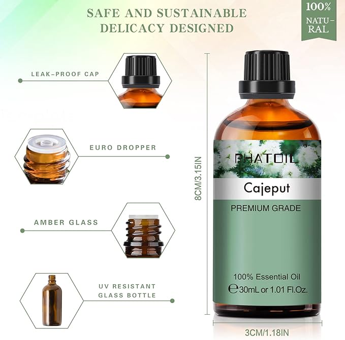 Cajeput 1.01fl.oz Essential Oil, PHATOIL Pure Aromatherapy Oils for Diffuser, Humidifier, Perfect for DIY Soap, Candle, Bath Bombs Making(30ml)