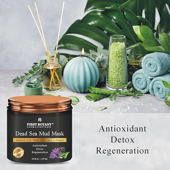 First Botany, 100% Natural Mineral-Infused Dead Sea Mud Mask 8.8oz Stem Cells Facial Treatment Skin Cleanser Pore Reducer Anti Aging Acne Treatment Blackhead Remover Cellulite & Natural Moisturizer