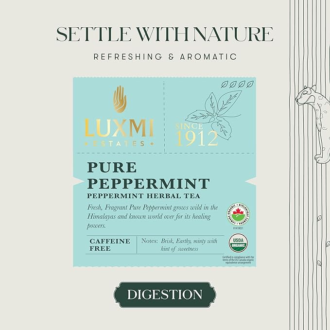 Luxmi Estates Purely Peppermint 50 Tea Bags | USDA Certified Organic Herbal Tea | Mint Tea Best for Night Time | 50 Cups Bulk Pack