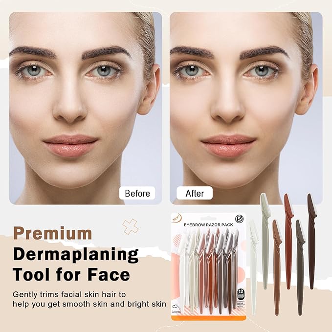 D Dermaplane Razor for Women Face - 12PCS Eyebrow Razor With Precision Cover - Dermaplaning Tool for Face Shaver - Facial Hair Removal - Neutral