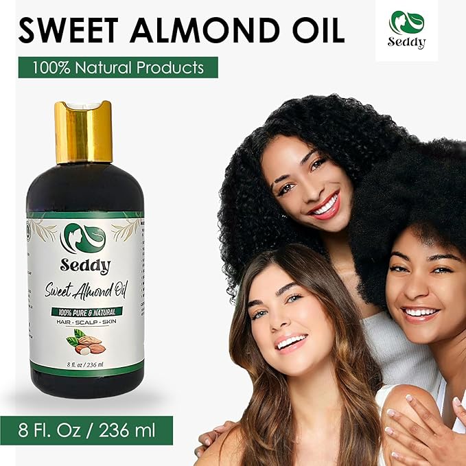 Seddy Sweet Almond Oil - 100% Pure & Natural Carrier Oil for Skin, Face, Hair, Soap Making, Essential Oils & Aromatherapy - Premium Moisturizer & Softener, Hexane-Free - 8 Fl. Oz