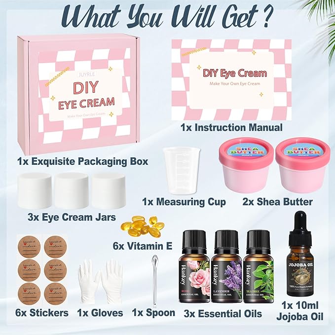 Natural Eye Cream- 26Pcs DIY Eye Cream Making Kit, Under Eye Cream for Wrinkles and Bags Skin Care Treatment with Vitamin E, Shea Butter, Anti Aging Eye Cream, Make Your Own Eye Cream for Women