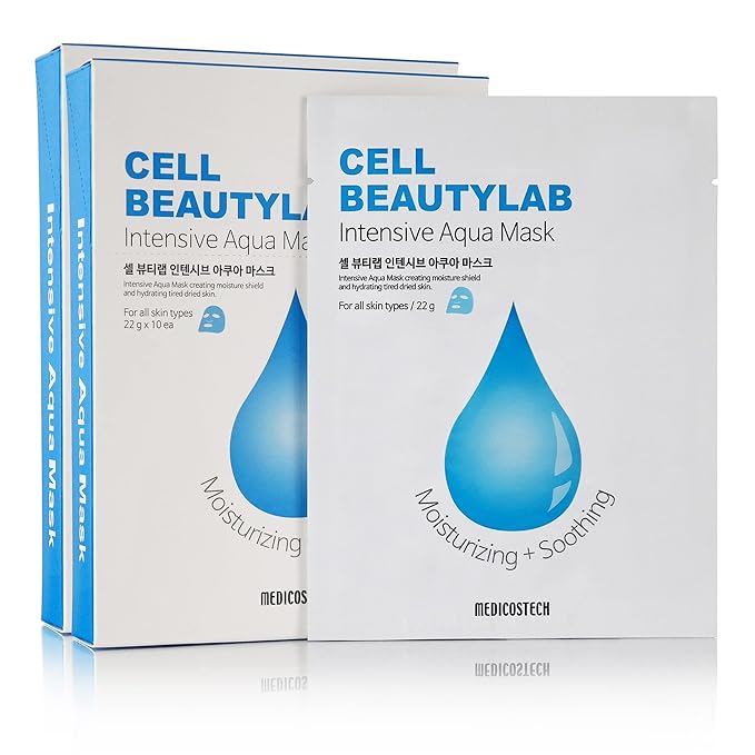 Intensive Aqua Mask 20 Pack｜Hydrating, Moisturizing and Soothing Face Sheet Mask for All Skin Types｜With Hyaluronic Acid, Panthenol, Shea Butter, Jojob Oil, Witch Hazel