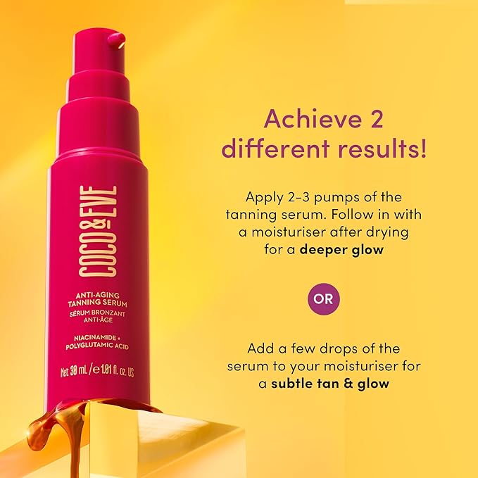 Coco & Eve Anti-Aging Tanning Serum - Face tanner with Skincare Actives for Gradual, Hydrating Glow. Natural Self Tanning Bronzer, with Niacinamide & Antioxidants for Healthy Glowing Skin (1.01 Fl Oz)
