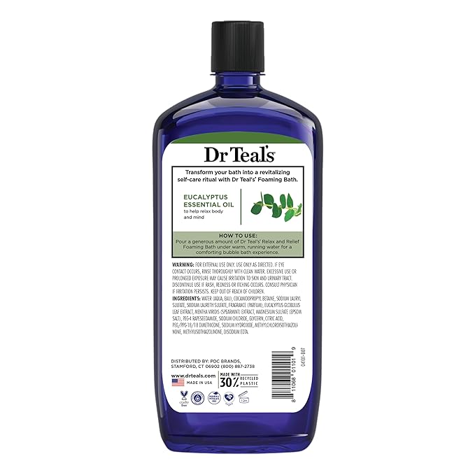Dr Teal's Foaming Bath with Pure Epsom Salt, Relax & Relief with Eucalyptus & Spearmint, 34 fl oz (Pack of 4)