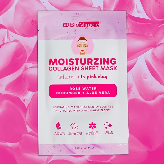 BioMiracle Moisturizing Sheet Mask With Firming Collagen, Infused With Pink Clay, Rose Water, Cucumber and Aloe Vera, Natural Extracts, Paraben Free, Soothes and Tones 10 Sheets (10 Pack)