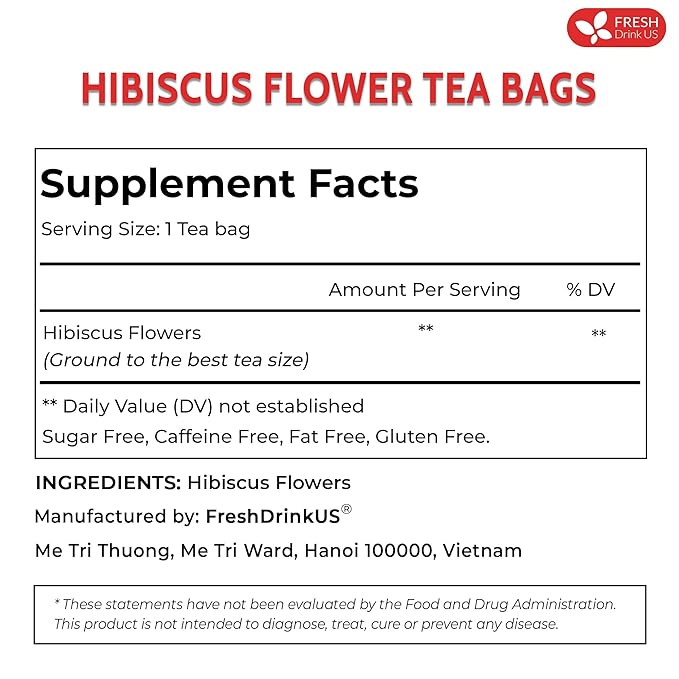 FreshDrinkUS, Premium 140 Hibiscus Flowers Tea Bags, 100% Natural, Handmade, Pure from Hibiscus Flowers. Loose Flower Hibiscus Herbal Tea. Hibiscus Flower Tea. No Sugar/Caffeine/Gluten, Vegan.