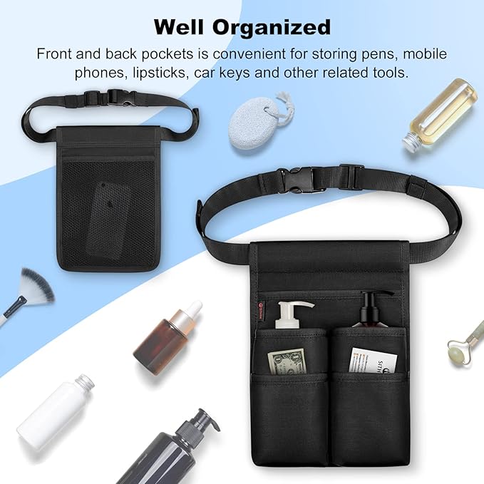 SITHON Massage Bottle Bag, Professional Massage Therapist Holster for 2 Bottles, Lotion Oil Waist Holder Organizer with Adjustable Belt, Multiple Pockets (Bag Only) (Black)