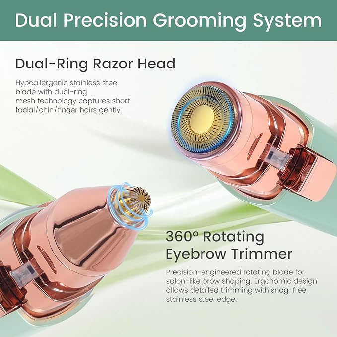 Hatteker Eyebrow Facial Trimmer, 2 in1 Rechargeable Hair Removal and Eyebrow Shaver - Face Lips Body Painless Razor with Built-in LED Light (Green)