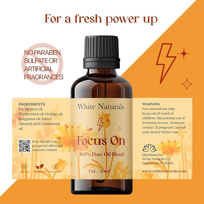 White Naturals Focus On Essential Oil Blend – Refreshing Aromatherapy Oil for Clarity & Attention, 100% Pure & Natural Essential Oils for Productivity, 1oz