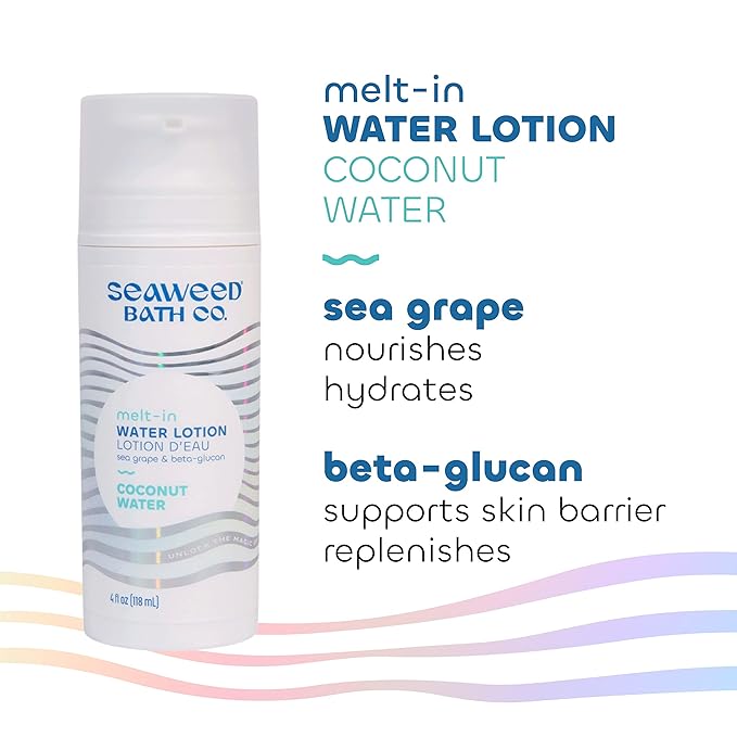 Seaweed Bath Co. Melt-In Water Lotion, Coconut Water Scent, 4 Ounce, Sustainably Harvested Seaweed, Sea Grape, Beta-Glucan