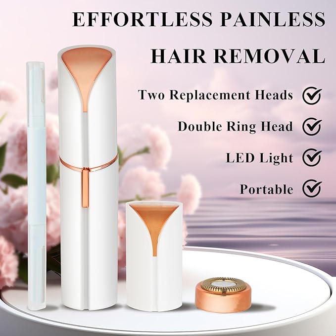 Facial Hair Removal for Women Men，Electric Painless Hair Removal Device Included 2 x Replacement Heads，USB Rechargeable Lady Womens Face Shaver with LED Light for Lip,Chin,Arms (White)