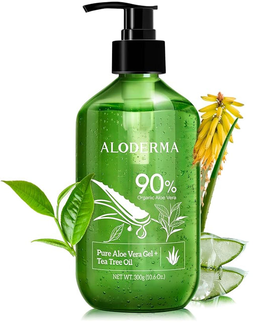 Aloderma Organic Aloe Vera Gel for Skin + Tea Tree Oil, Made within 12 Hours of Harvest, Soothing Pure Aloe Vera Gel for Face, Works Great for Oily Skin, Scalp, Aftershave, Natural Aloe - 10.6 Oz