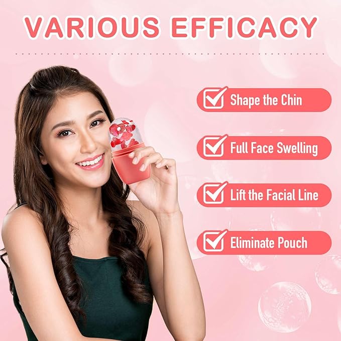 XHJRI Ice Face Roller Massager,Ice Cube Roller for Face, Eyes and Neck Naturally Conditioning and Skin Care,De-Puff Eye Bags,Reduce Migraine Pain,Reusable Massage Silicone Ice Mold (New Pink)