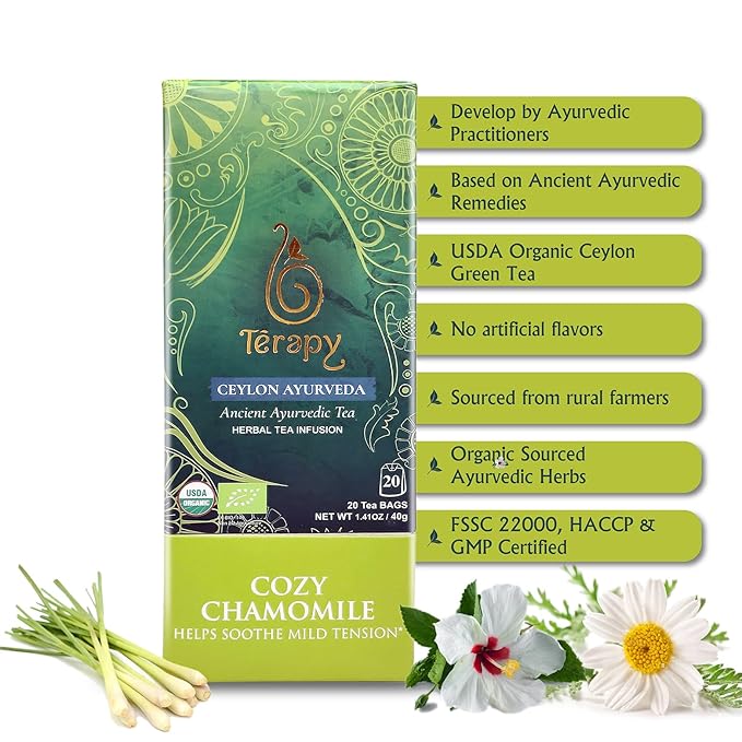 Térapy Ceylon CHAMOMILE TEA | USDA Organic Herbal Tea Bags | 100% Natural Ayurvedic Ingredients including Organic Chamomile, Ashwagandha, Cinnamon & Licorice| 20 Individually Wrapped Tea Bags