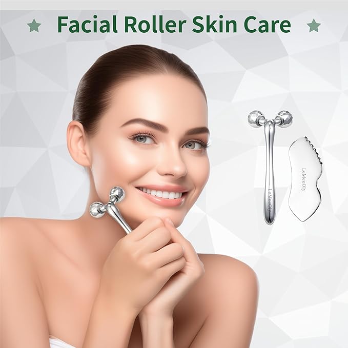 Gua Sha Facial Tools Stainless Steel & Face Roller Massager Skin Set, Metal Guasha Facial Roller Massage Tool Natural Skin Care for Face Neck Body, Reduce Puffiness Remove Wrinkles, Gift for Women