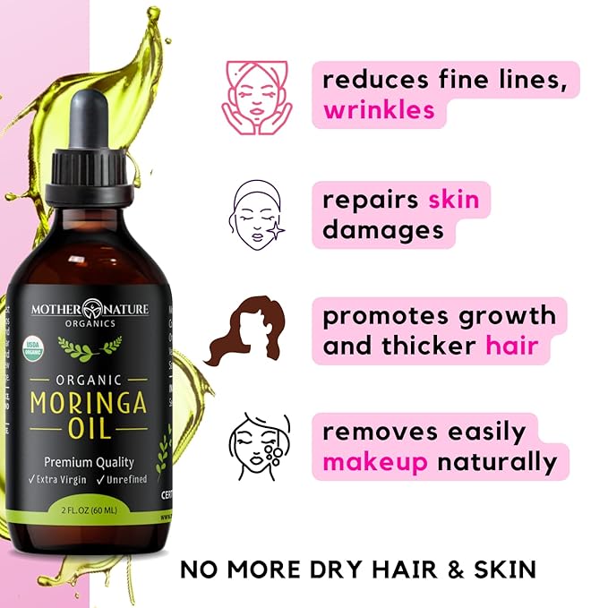 Moringa Oil - USDA Certified Organic, 100% Pure, Cold Pressed & Unrefined Gluten Free Oil (2oz) - Natural Moisturizer for Skin, Face, Body & Hair - Non-GMO & Vegan