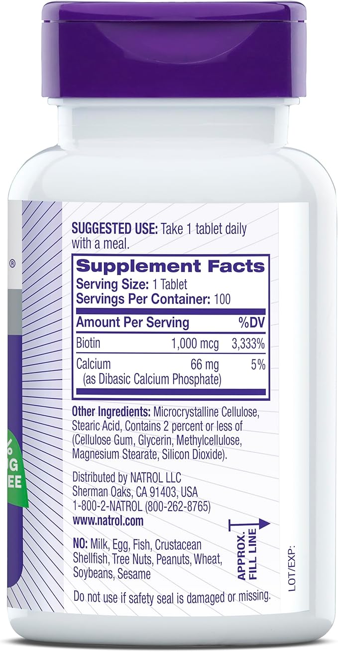 Natrol Beauty Biotin 1000mcg, Dietary Supplement for Healthy Hair, Skin, Nails and Energy Metabolism, 100 Tablets, 100 Day Supply