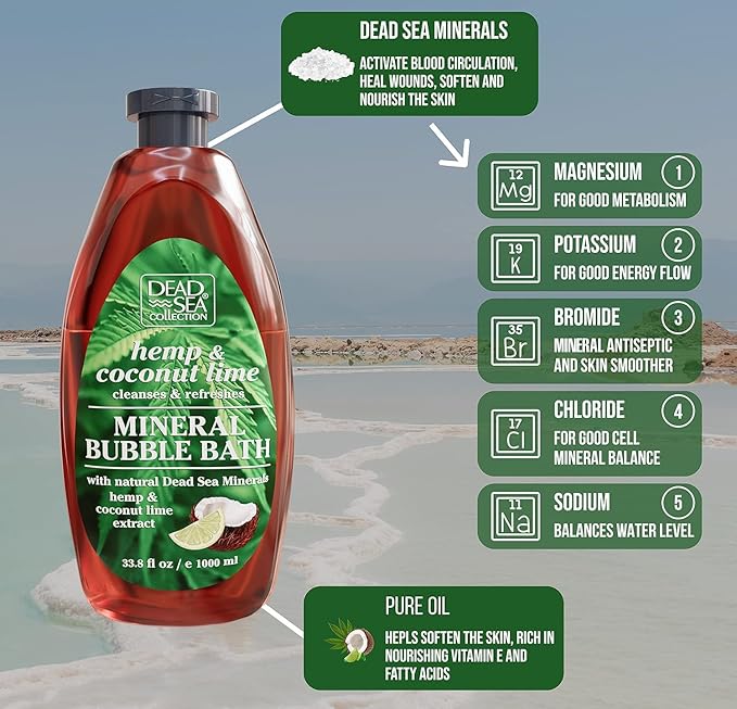 Dead Sea Collection Bubble Bath with Hemp & Coconut Lime for Women and Men – Pure Dead Sea Minerals - Relaxing Foaming Bath - Nourishing and Moisturizes Skin - Pack of 2 (67.6 fl.oz)
