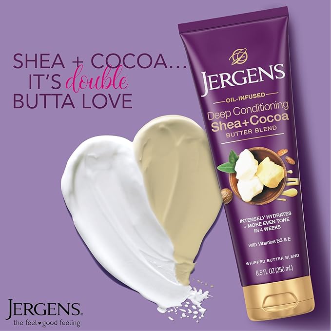 Jergens Shea and Cocoa Whipped Body Butter Lotion, Tone Enriching Hand And Body Lotion for Dry Skin, with Vitamins B3 & E, 8.5 Oz